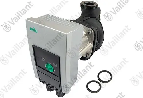Vaillant Pumpe mit integriertem Steuerungsteil, verbunden mit einem schwarzen Pumpengehäuse, einschließlich zwei Gummidichtungen im Vordergrund.